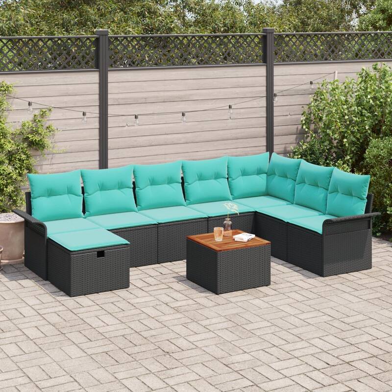 vidaXL 9 Garden Sofa Set with Cushions Black/Grey Poly Rattan - 117.1 x 73.8 x 27.2 - Black