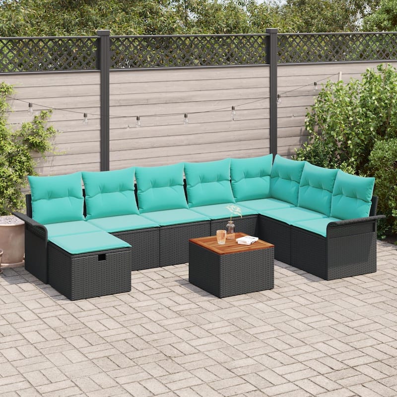 vidaXL 9 Piece Garden Sofa Set with Cushions Black Poly Rattan - 117.1×73.8×27.2