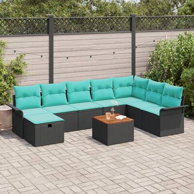 vidaXL 9 Piece Garden Sofa Set with Cushions Black Poly Rattan - 117.1×73.8×27.2