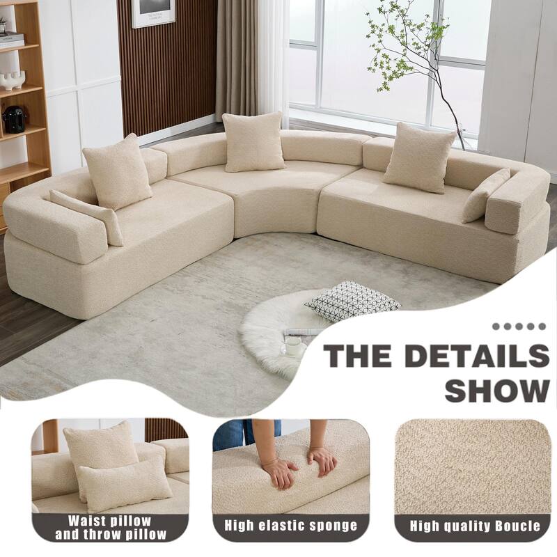 3-Piece Curved Sofa, Oversized Boucle Couch, Flexible for Living Room