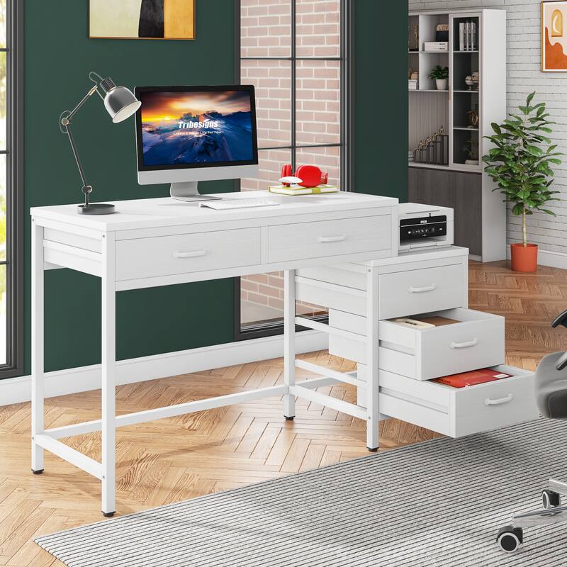 Modern Computer Desk with 5 Drawers, Home Office Desks with Reversible Drawer Cabinet Printer Stand