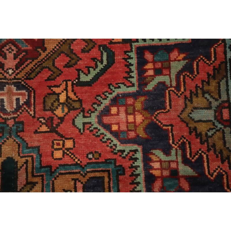 Hand Knotted Oriental 100% Wool Carpet Traditional Geometric Oranges & Rust Heriz Runner Rug - 12' 4'' X 3' 1''
