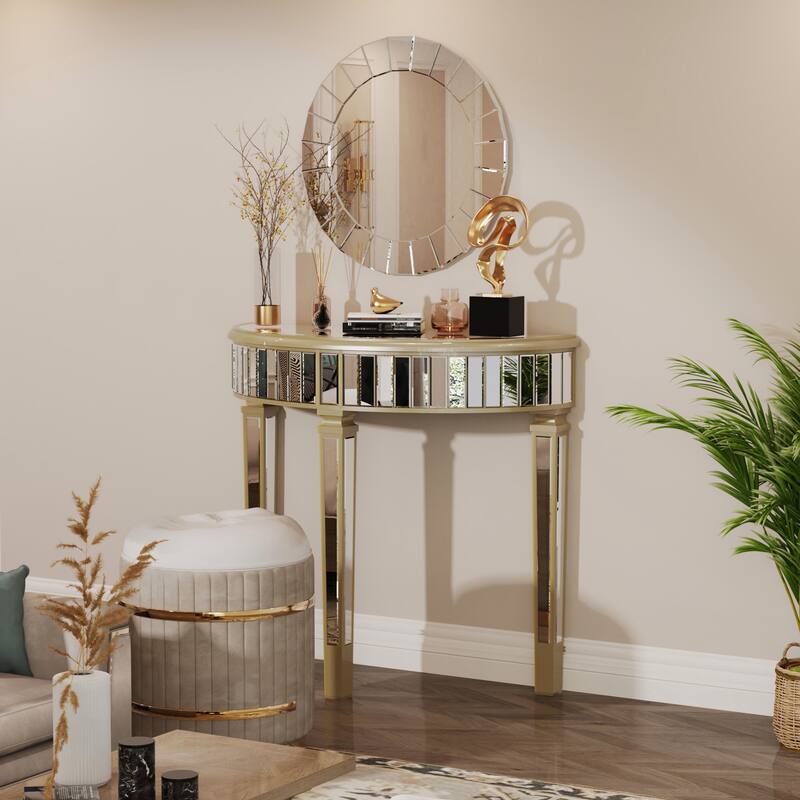 Silver Mirrored Console Table Half-moon