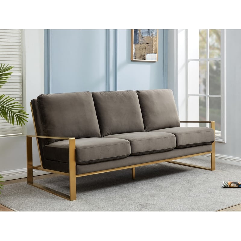Jefferson Velvet Upholstered 3 Seater Sofa with Brushed Gold Stainless Steel Base and Removable Cushions - 77.1