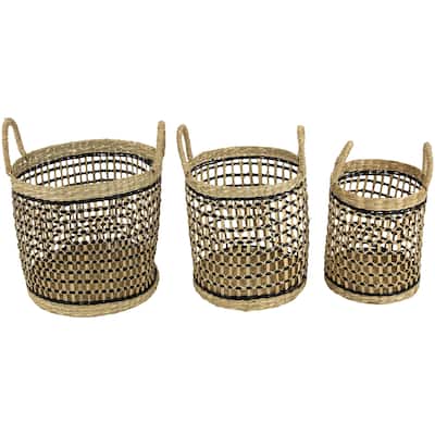 Set of 3 Open Honeycomb Weave Seagrass Storage Baskets with Handles 11.75"