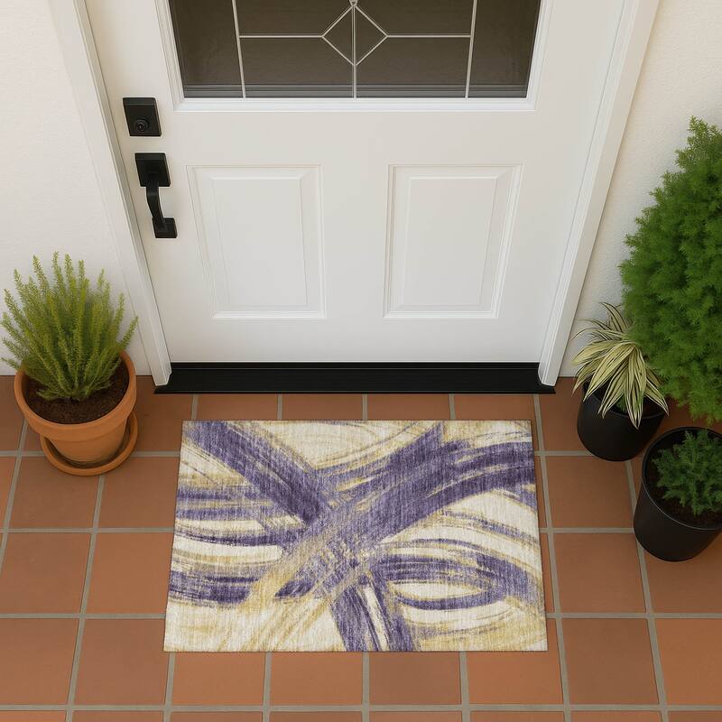 Machine Washable Indoor/ Outdoor Abstract Brushstroke Chantille Rug - Plum - 1'8" x 2'6"
