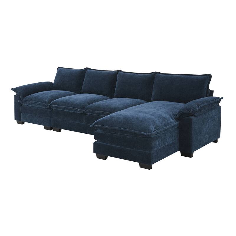 Chenille Upholstered Sectional Sofa with Chaise and Storage Pockets, 5 Seat Lounge Cloud Couch L-shaped Recliner Couches