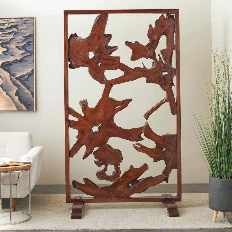 Brown Teak Wood Handmade Tall Live Edge Freestanding Room Divider Screen with Large Tree Trunk Pieces