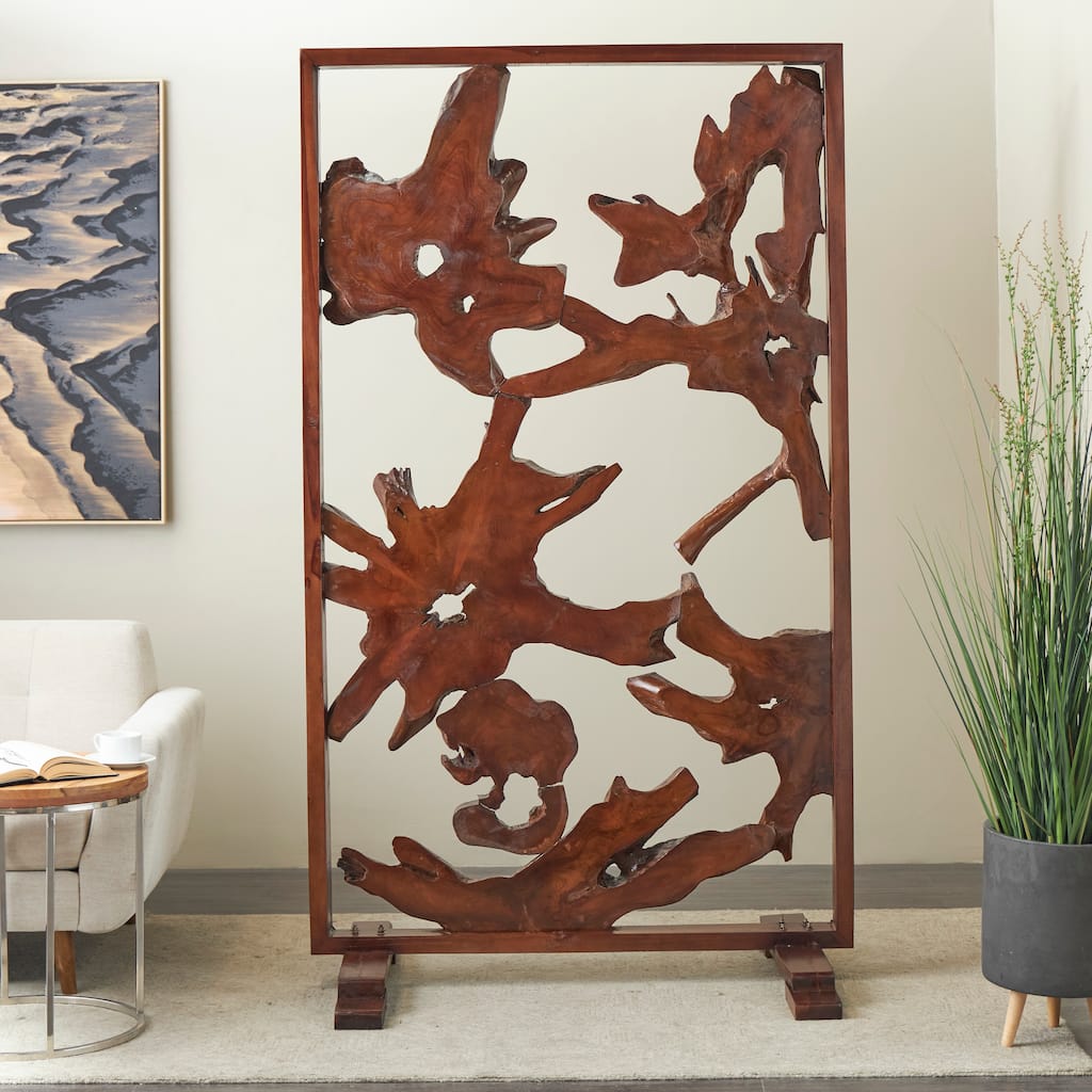 Brown Teak Wood Handmade Tall Live Edge Freestanding Room Divider Screen with Large Tree Trunk Pieces
