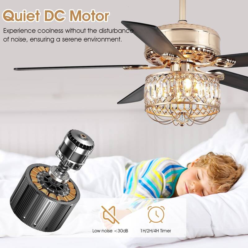 52" Modern Crystal Ceiling Fan Chandelier with Remote,2 Bulbs,Reversible DC Motor,5 Plywood Blades - 52 Inches
