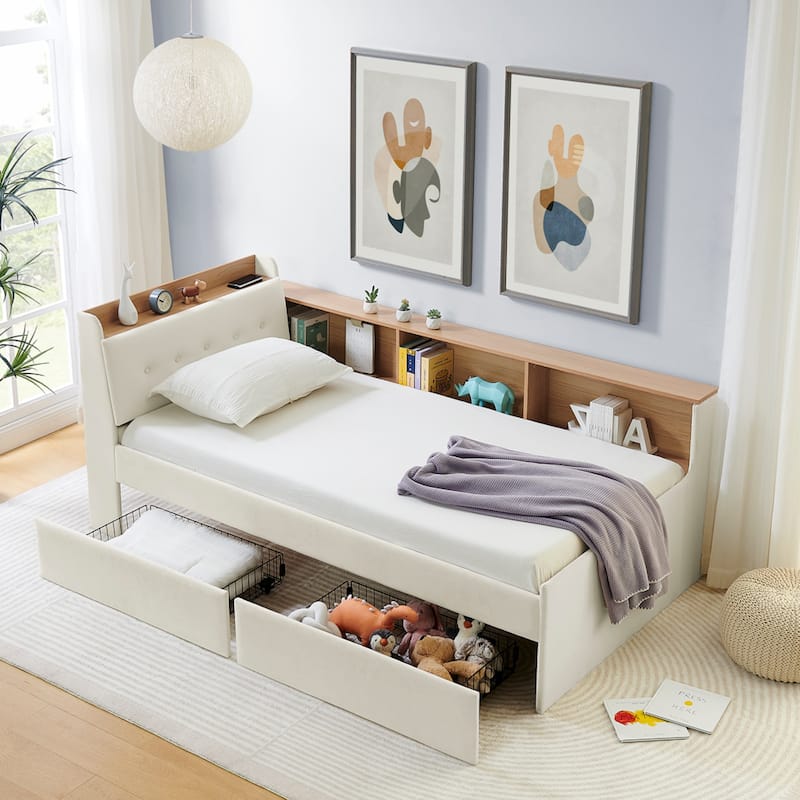 Roomfitters Twin Daybed with Storage Headboard, Wireless Charging, Drawers & Lighting, Velvet Upholstery