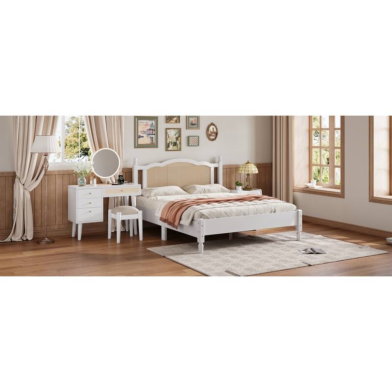 Wooden Platform Bed with Rattan Headboard Curved Wingback Bed Vintage Bed Frame Wood Slat Support Bed with Underbed Storage