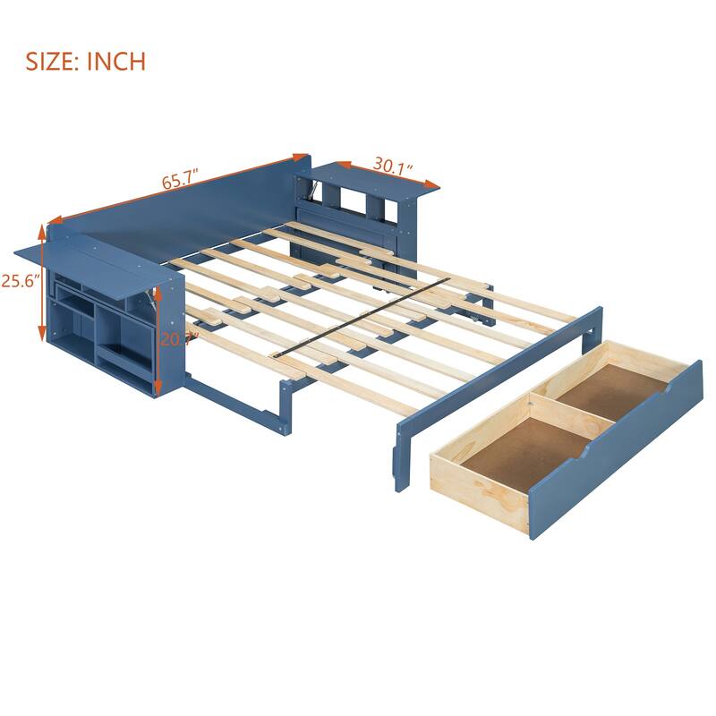 Full Size Daybed with Removable Desk, Storage Drawers & Hydraulic Side Table, Multi-Functional Sofa Bed for Small Spaces