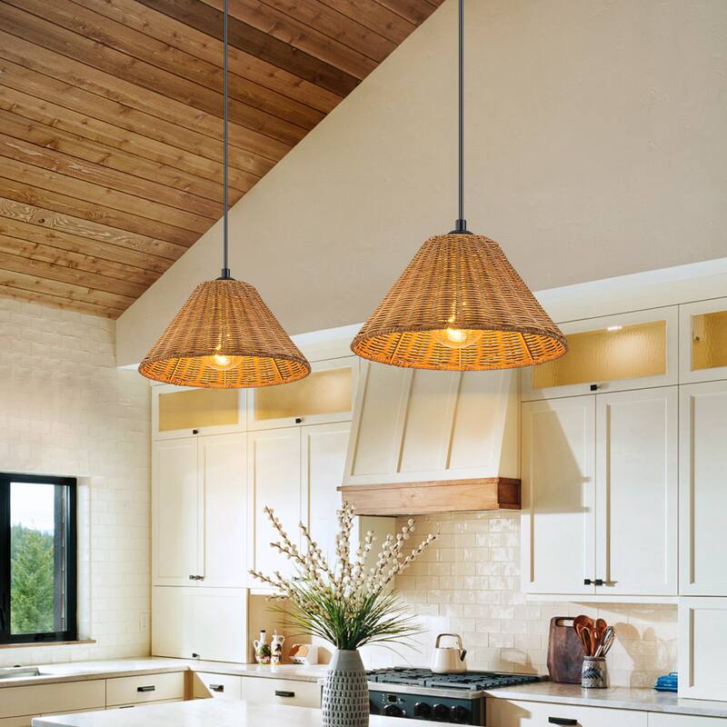 1-Light Farmhouse Straw Hat Hand Woven Chandelier with Natural Rattan Shade