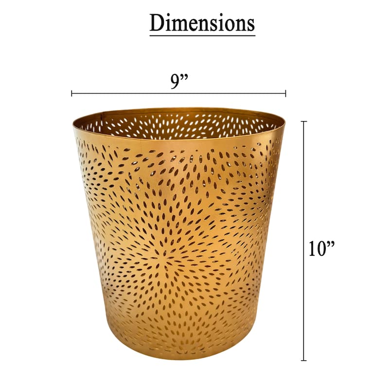 10" Decorative Iron Wastebasket Trash Can Matte Gold Leaf Etched Design