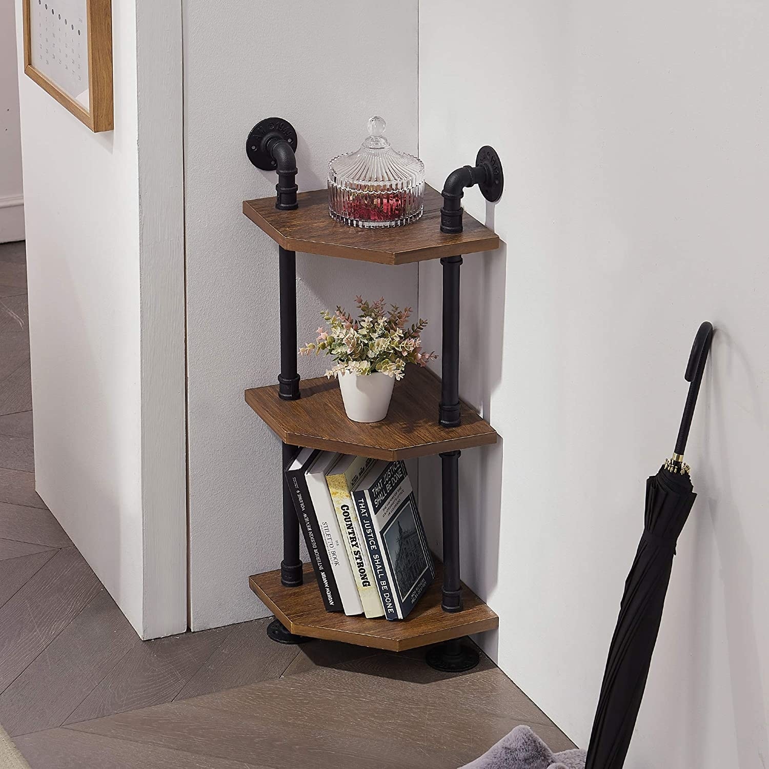 Industrial shop corner shelf