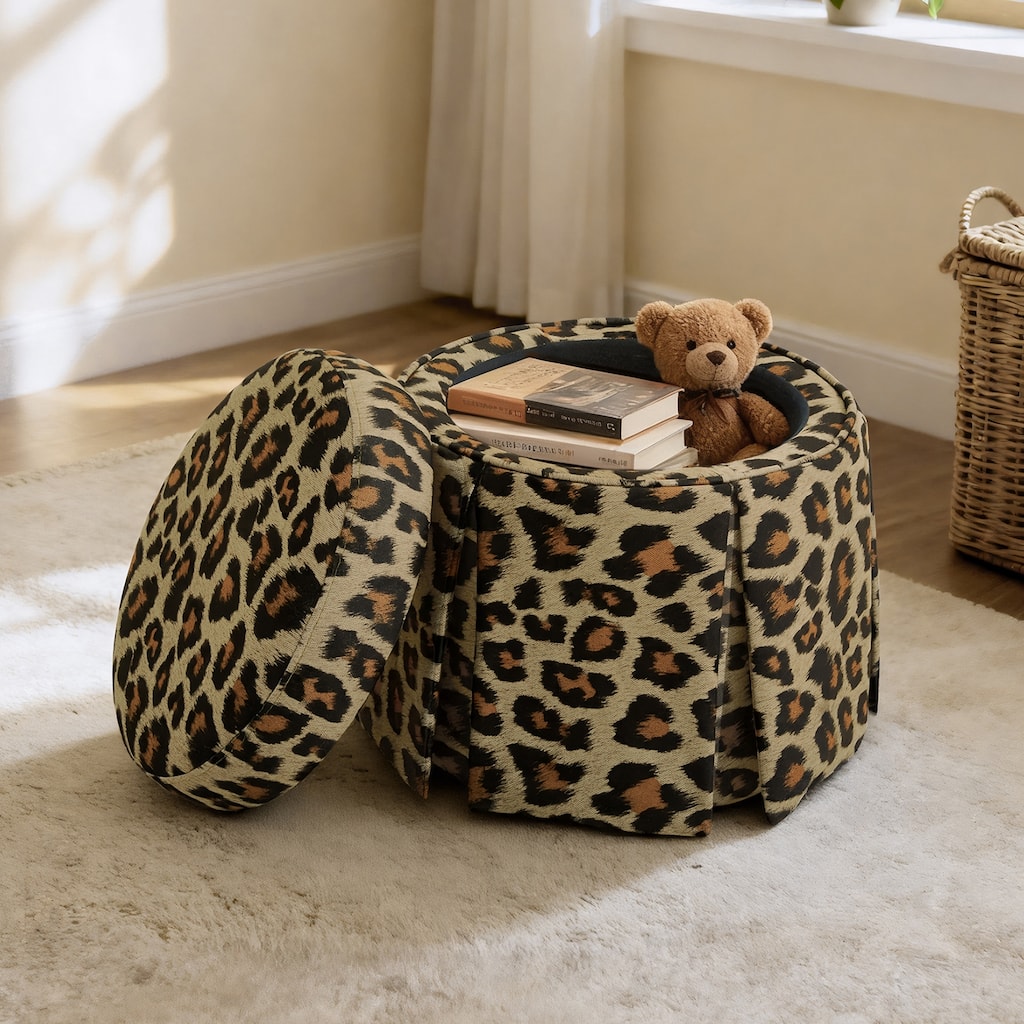 Round Storage Ottoman Footstool with Acacia Solid Wood Frame