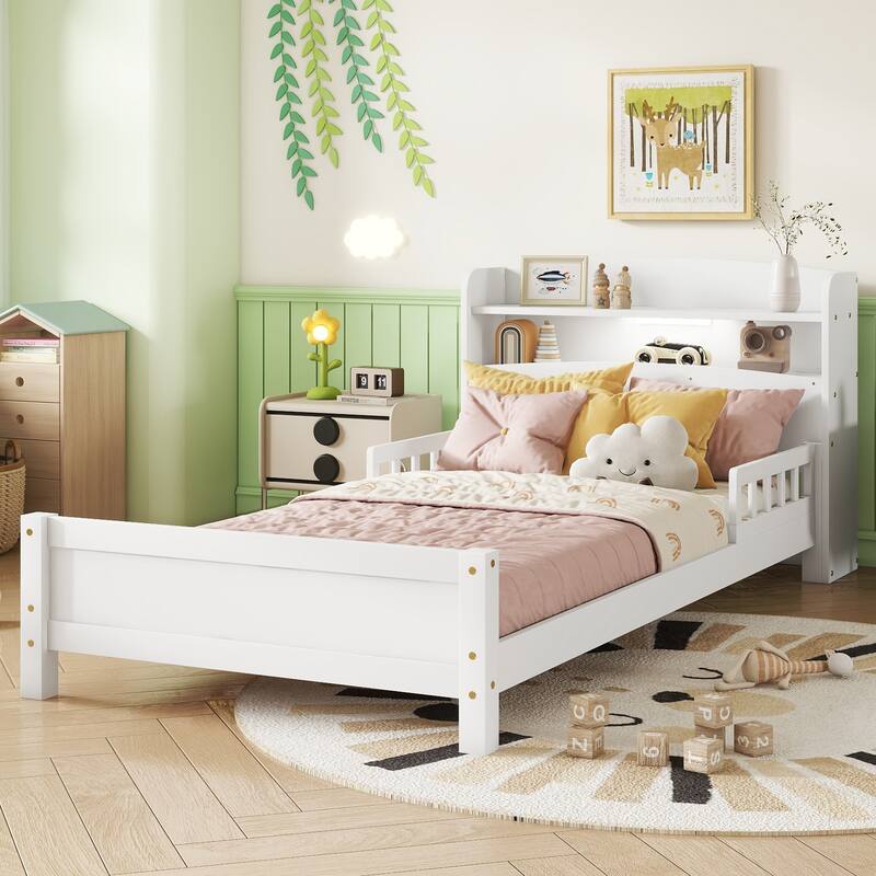 Pine Wood Bed with Bookcase Headboard - White