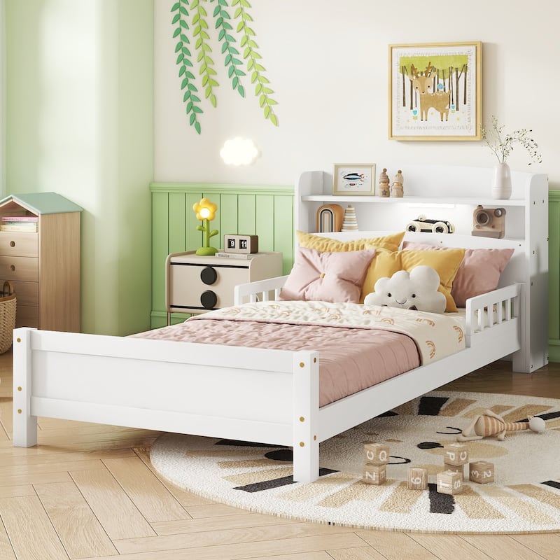 Pine Wood Twin Bed with Bookcase, LED Motion Sensor Light, Guardrails for Safety