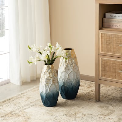Glitzhome Set of 2 Abstract Ombre Blue and Gold Metal Vases