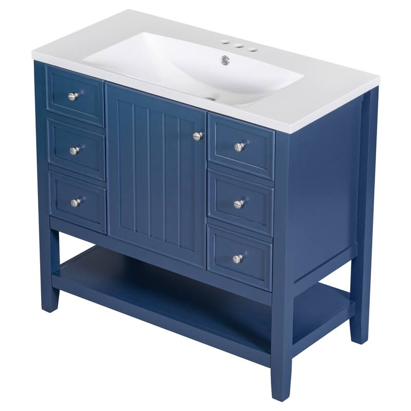 36" Bathroom Vanity With Sink, One Cabinet And Three Drawers, Solid Wood And Mdf Board