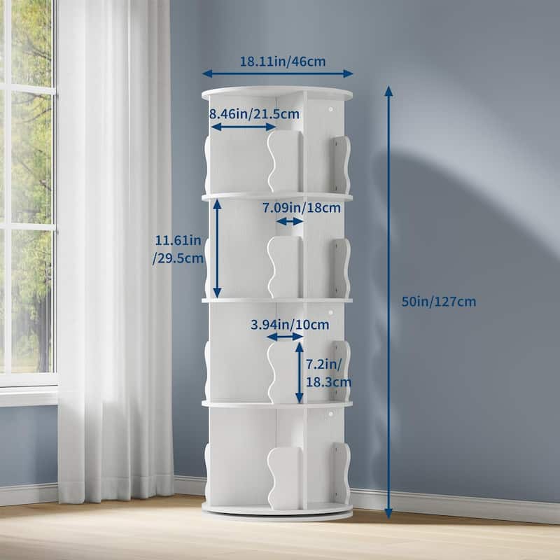 4 Tier Rotating Bookshelf Tower, Spinning Corner Bookshelf for Small Spaces, Revolving 360° Bookcase Storage Rack Tower
