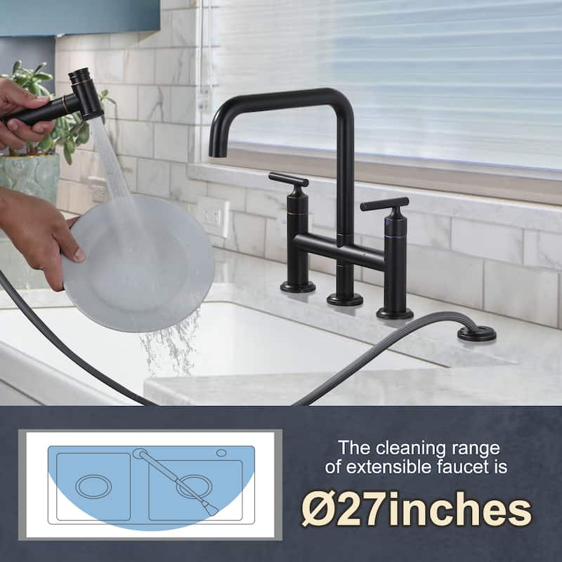 WOWOW Double Handle Bridge Kitchen Faucet with Side Sprayer