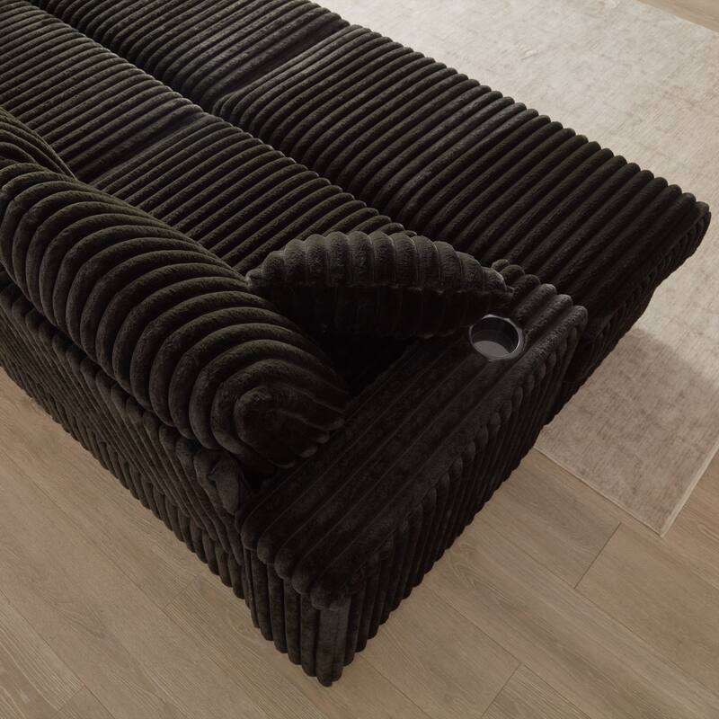 Anmytek 84 Inch Corduroy 3-Seater Deep Seat Sofa with Ottoman Storage Cup Holders and Pillows