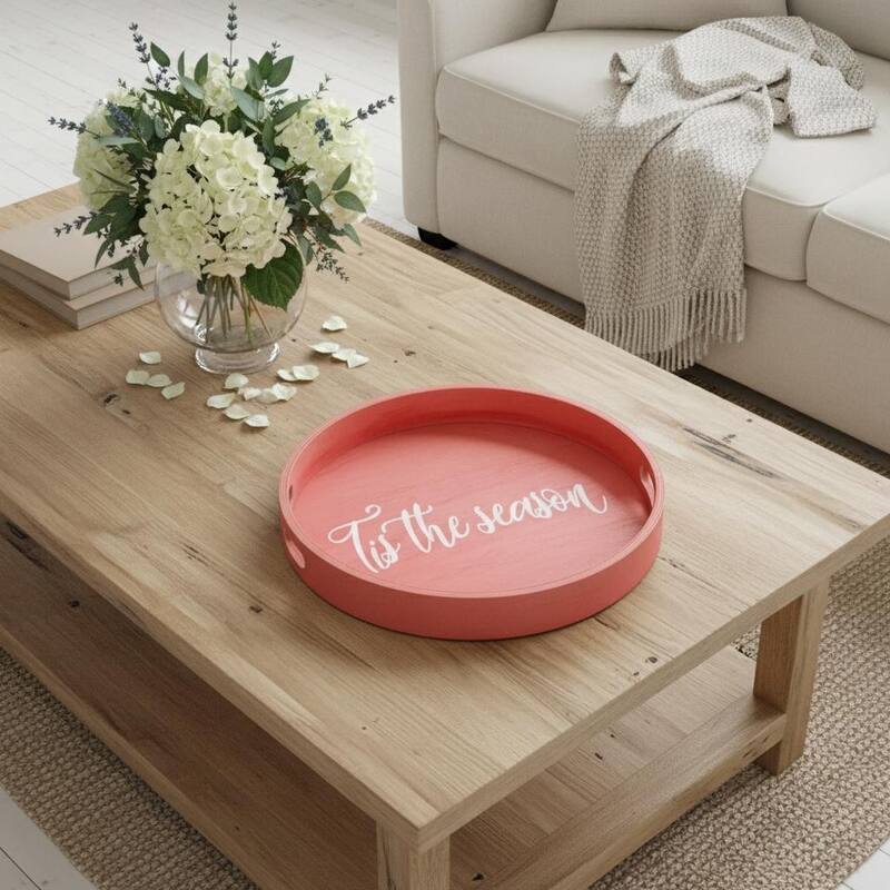 HomeRoots 14" Red And White Tis The Season Round Serving Tray With Handles - 13.75 in. x 1.65 in. x 13.75 in. - White/Red - 13.75 in. x 1.65 in. x 13.75 in.