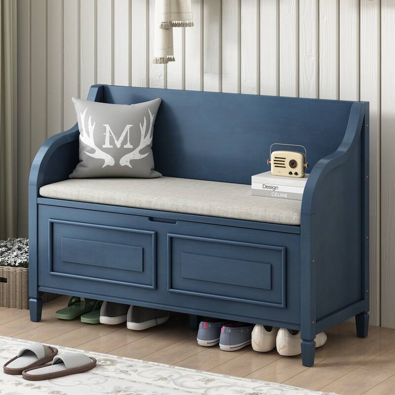 Rustic Style Solid wood Entryway Multifunctional Storage Bench with Safety Hinge - Antique Navy