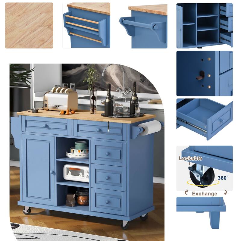 Roomfitters Kitchen Cart with Rubber wood Desktop - Rolling Mobile Kitchen Island with Storage and 5 Drawers, 53 Inch Length