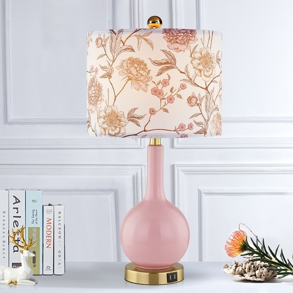 Cinkeda Pink Ceramic Table Lamp with USB Ports Floral Shade 3 Way Dimmable Touch Control Single Nightstand Lamp 24 Modern Gold Bedside Lamps for