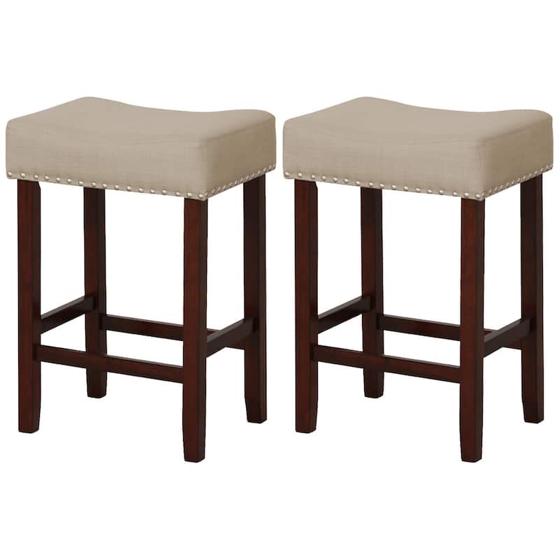 Set of 2 Backless Saddle Bar Stools with Linen Cushions and Rubber Wood Legs for Counter - 17" x 13" x 24" (L x W x H)