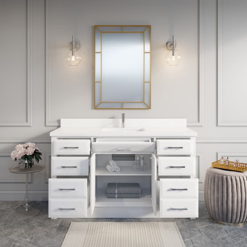 Calumet 60-in Solid Hardwood Bathroom Vanity with Engineered Stone Countertop