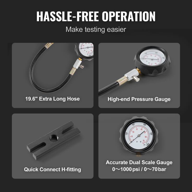 Diesel Engine Compression Tester, 18 pcs Cylinder Pressure Test Tool Kit, with 0-1000 psi Gauge and Adapters - 0-1000 psi