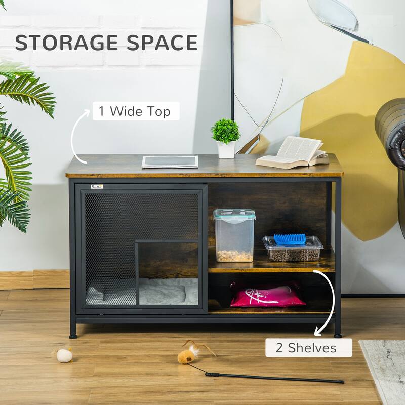 Furniture Style Dog Cage, Wood & Steel End Table Pet House with Cushion and Sliding Doors
