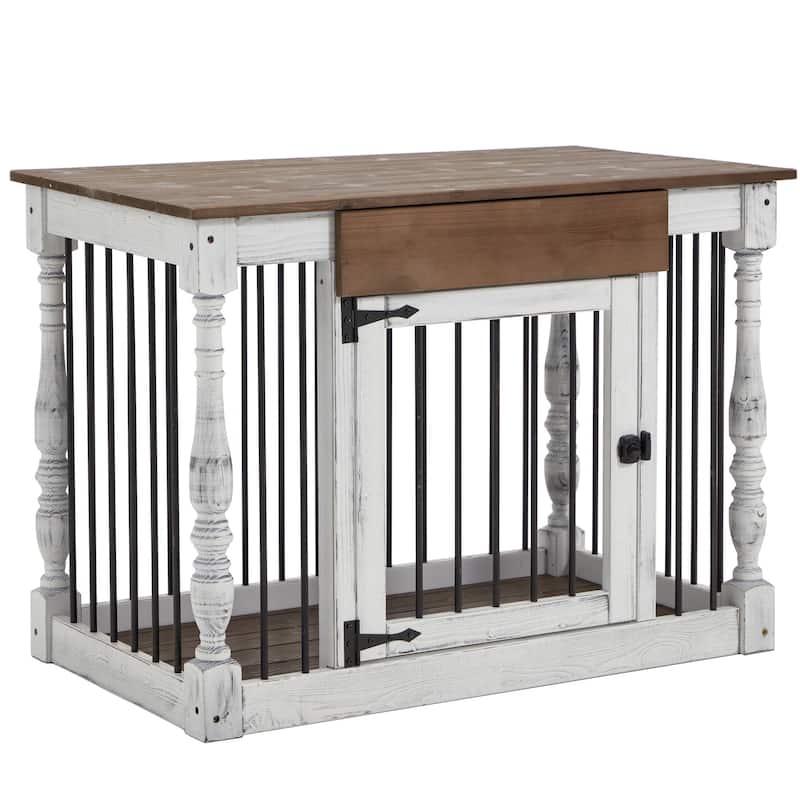 EROMMY 39" Wood Dog Crate Furniture – Waterproof Top, Roman Columns, Sturdy Iron Bar Kennel, Stylish End Table Indoor Dog Cage