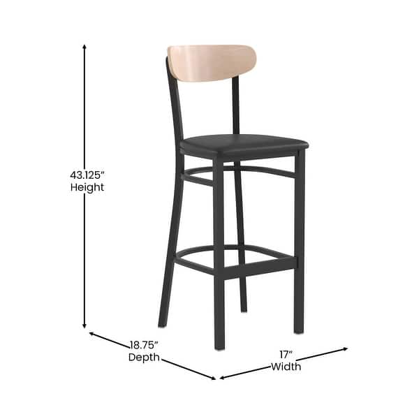 dimension image slide 3 of 13, Commercial Metal Barstool with Wood Seat and Boomerang Back