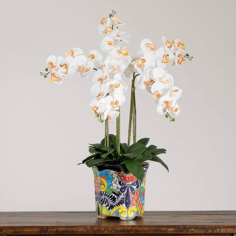 Orchid Artificial Floral Arrangement with Mexican Talavera Planter - 36" - White