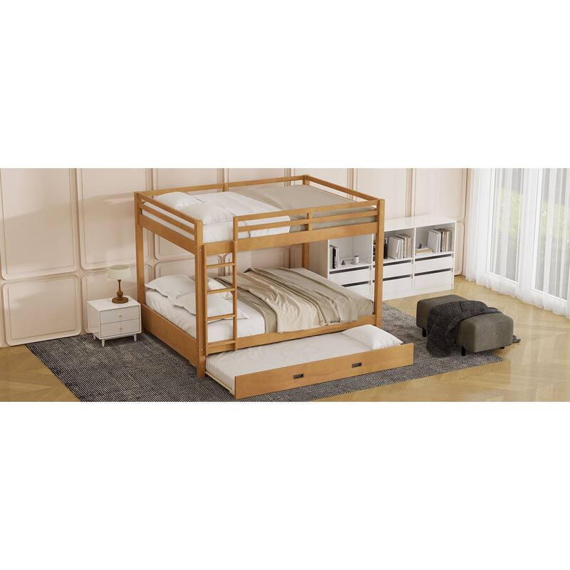 Roomfitters Queen Over Queen Wood Bunk Bed with Twin XL Trundle, Ladder and Guardrails, Natural