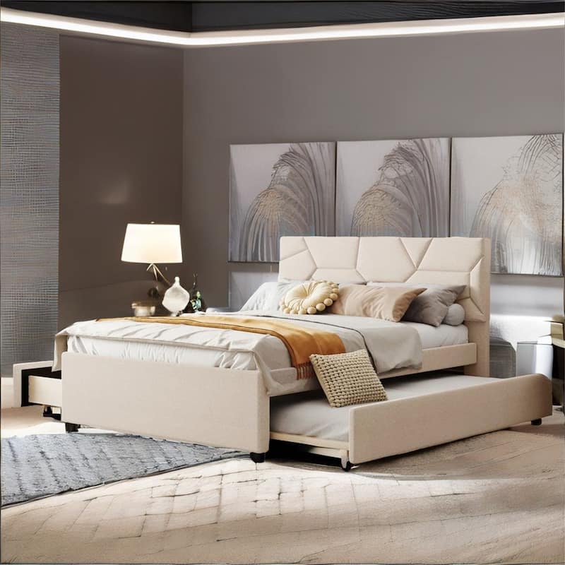 Full Size Linen Platform Bed with Twin Size Trundle and Drawers - Beige
