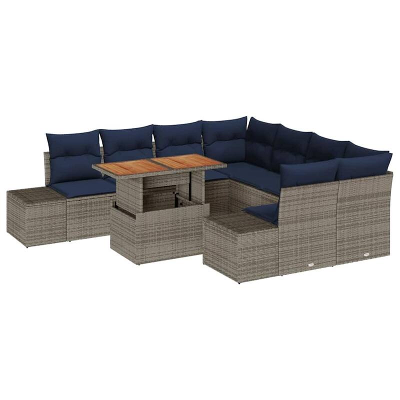 vidaXL 9 Garden Sofa Set with Cushions Black/Grey Poly Rattan - 103.9 x 92.1 x 27.2
