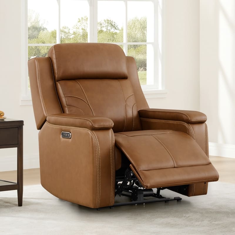 Spruce & Spring Dual Motors Genuine Leather Power Lay Flat Recliner with Power Headrest - Saddle