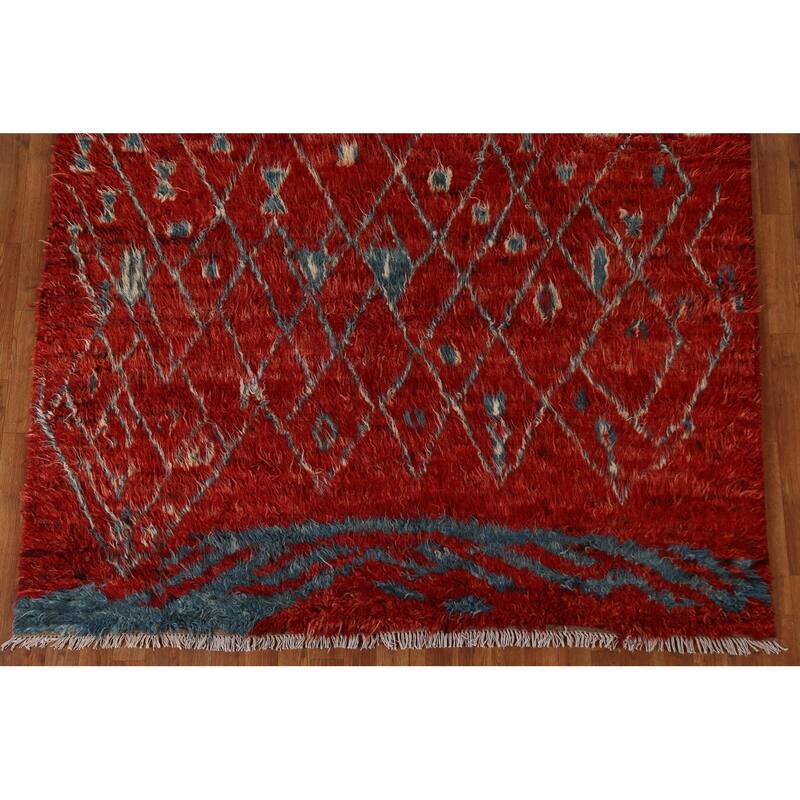 Hand Knotted Oriental 100% Wool Carpet Modern Tribal Red Moroccan Area Rug - 9' 9'' X 6' 5''