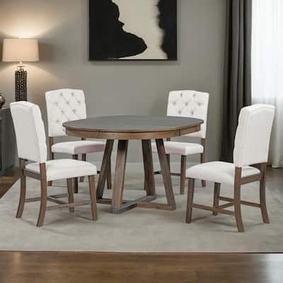 5-Piece Retro Functional Dining Set, Included Round Table with a 16" W Leaf and 4 Upholstered Chairs for Kitchen