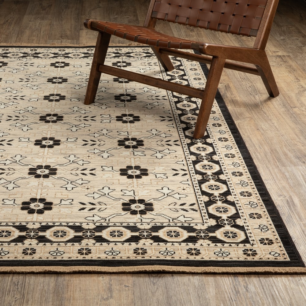 Adelaide Traditonal Bordered Floral Beige/ Black Wool Blend Area Rug