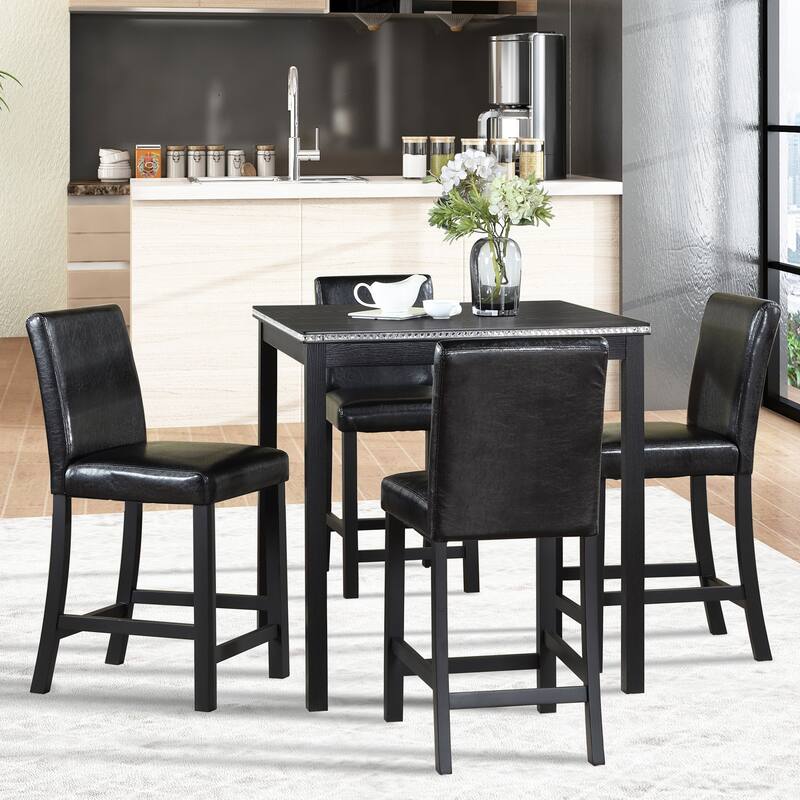 5 Piece Kitchen Dining Table Set with 4 Leather Upholstered Dining Chairs Square Dining Table with Crystal Accent Table Edge