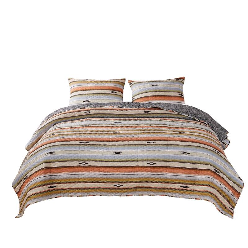 3 Piece Microfiber Full Size Quilt Set with Chevron Print, Multicolor