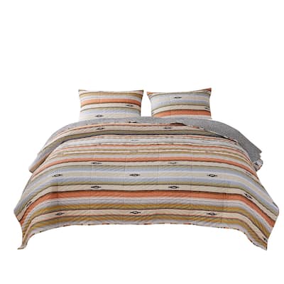 3 Piece Microfiber Full Size Quilt Set with Chevron Print, Multicolor