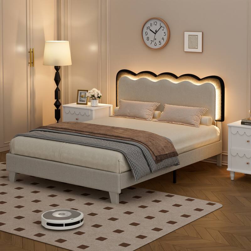 Upholstered Platform Bed Frame Queen Size with Headboard